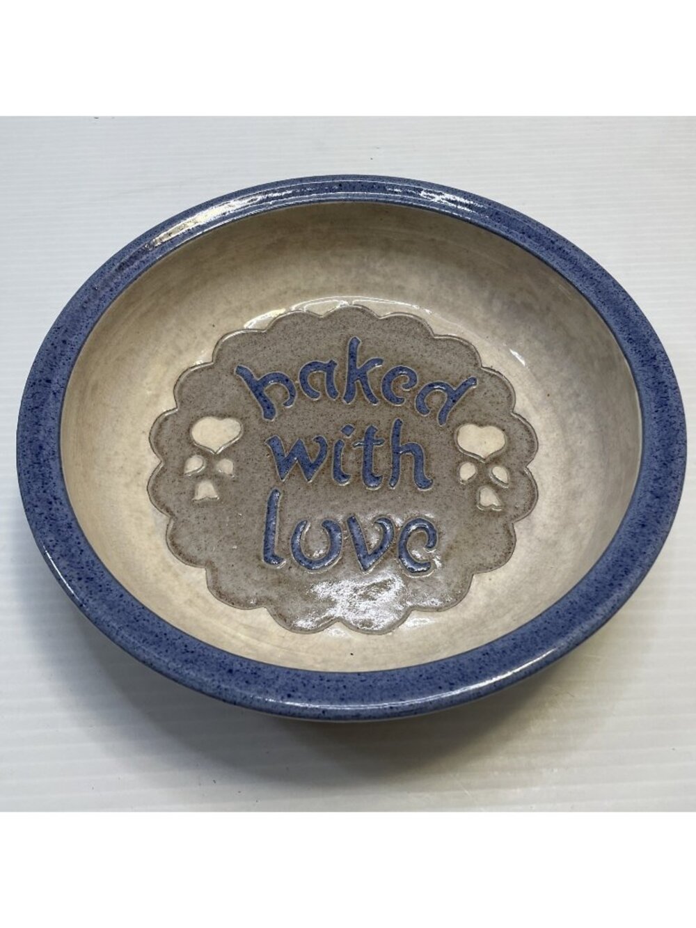 Clay City Pottery Baked with Love Stoneware 10” Pie Plate Blue Country Chic -EUC
